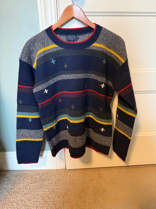 Pendleton Sweaters - Pendleton Navy Crewneck Sweater with Multicolor Stripes